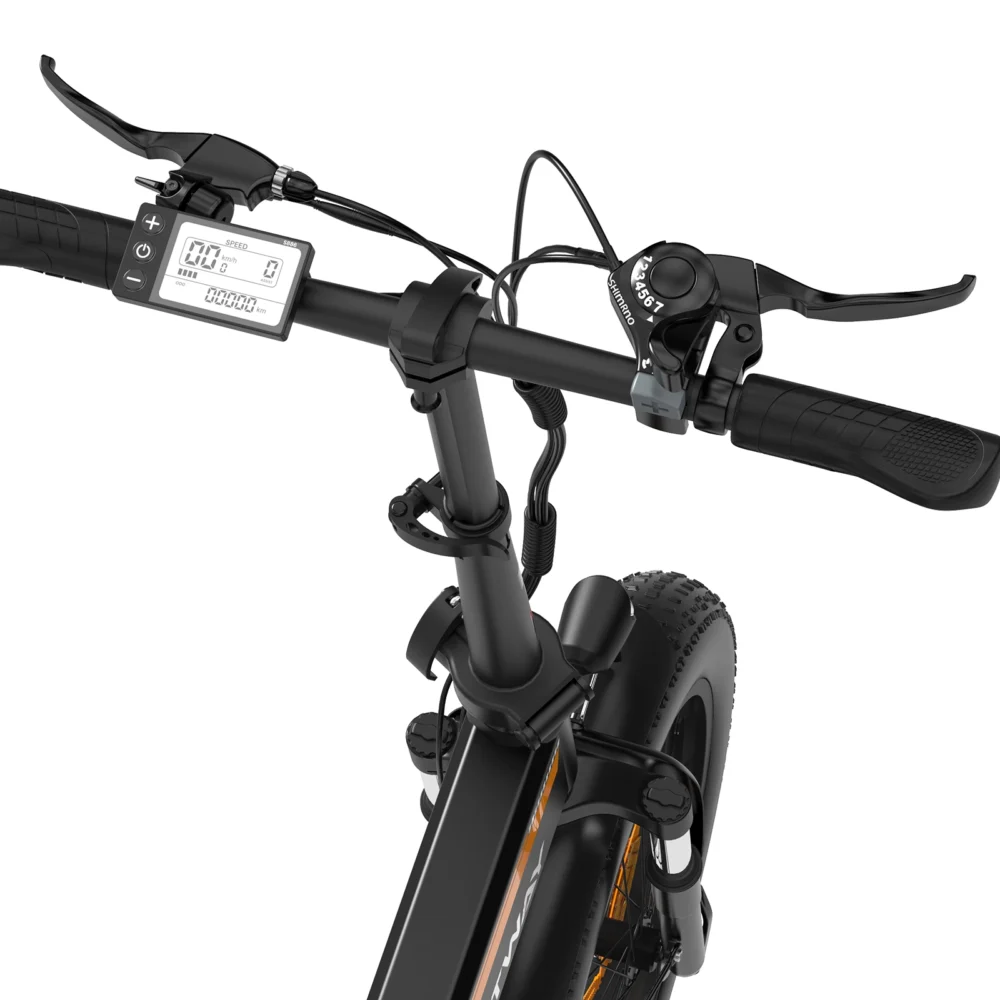 Hitway BK10S Folding Electric Bike black orange handlebar view