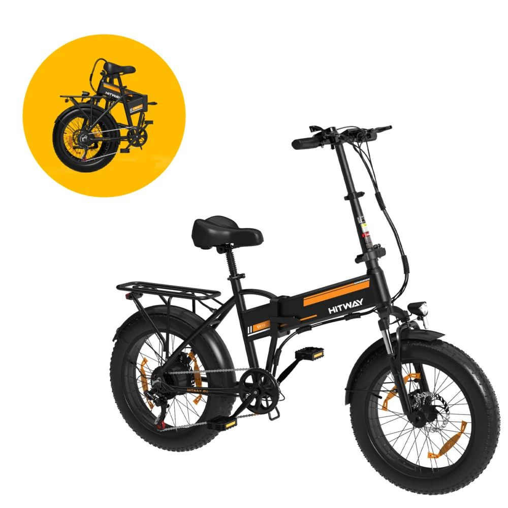 Hitway BK10S Folding Electric Bike black orange front right w/folded product image