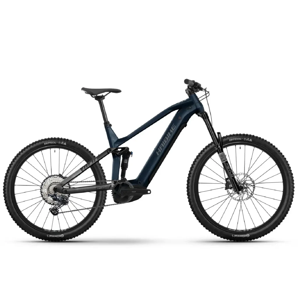 Side view of the navy Haibike V2 electric bike.